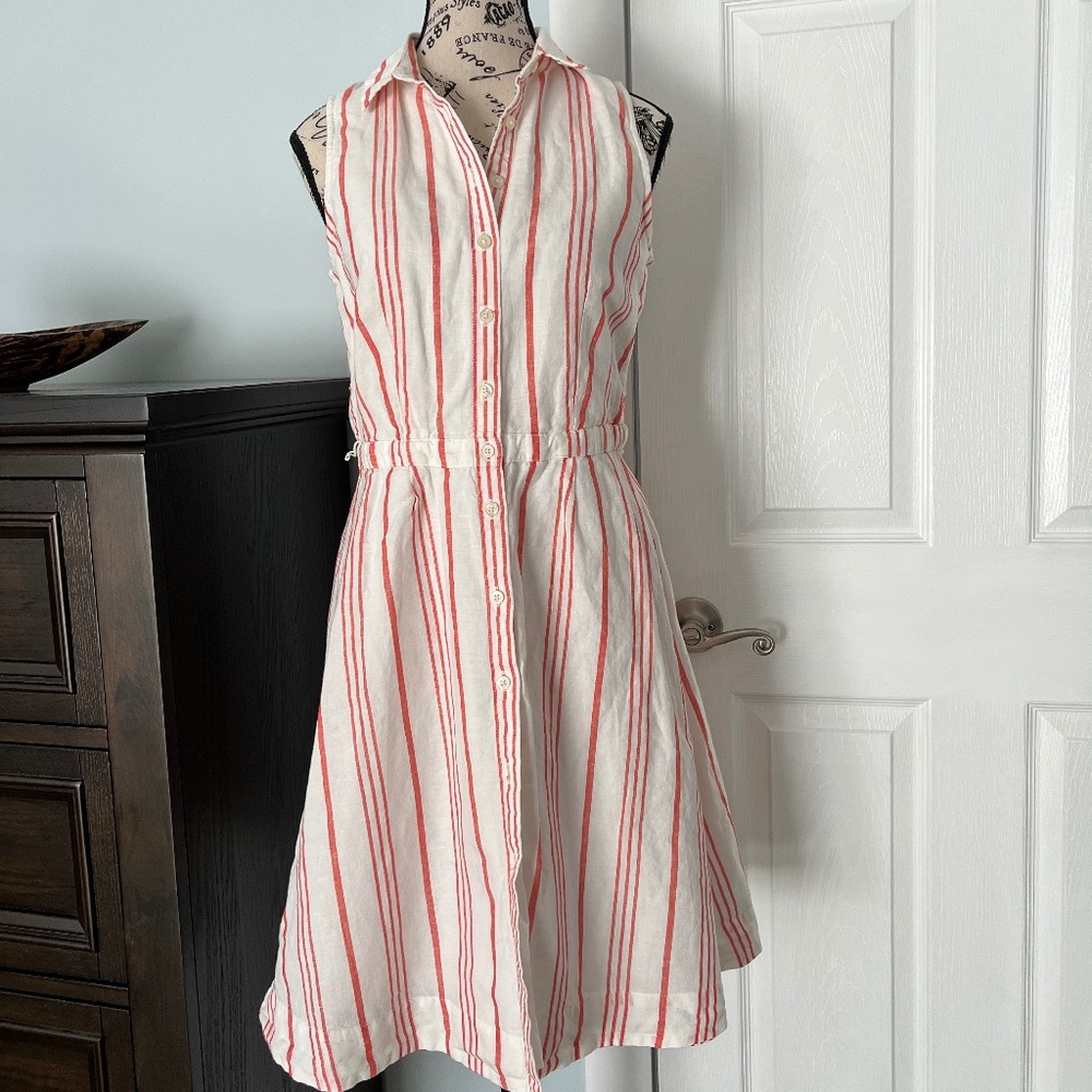 J. Crew Button Front Linen Dress Size 4 Off White Coral Striped